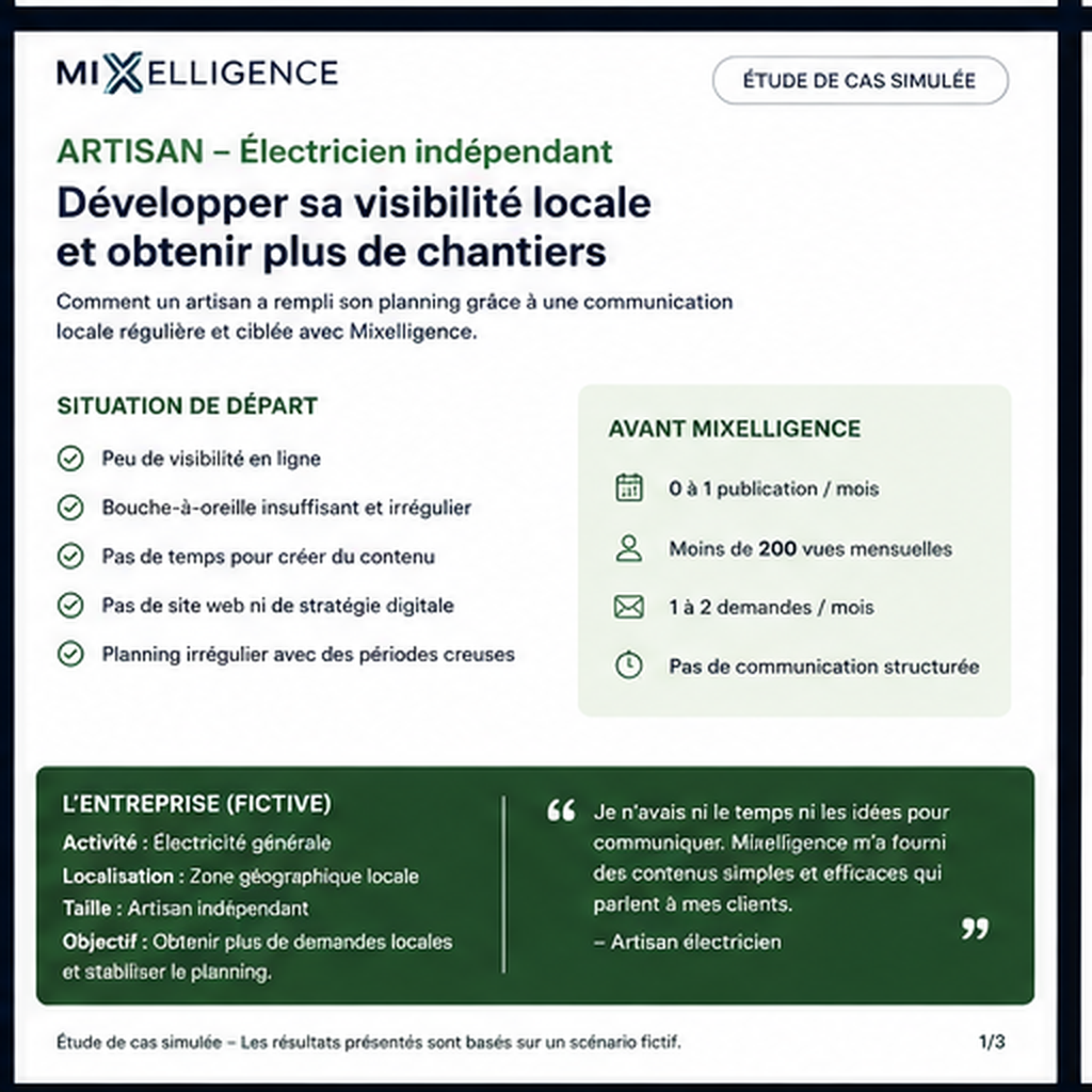 Situation de départ de l'artisan électricien : présence en ligne faible, photos de chantiers inutilisées