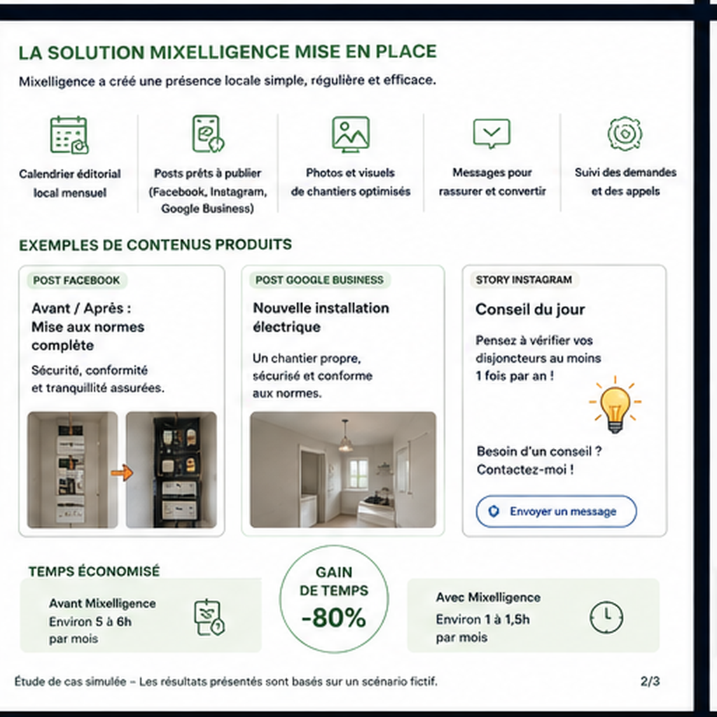 Organisation de la solution Mixelligence pour l'artisan et exemples de livrables