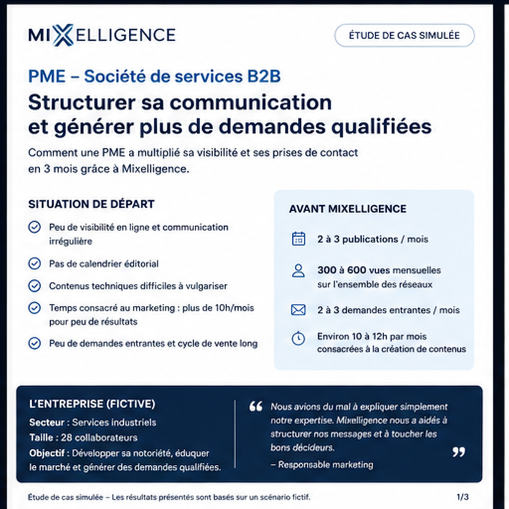 Situation de départ de la PME B2B : peu de visibilité, contenus techniques, 2 à 3 publications par mois
