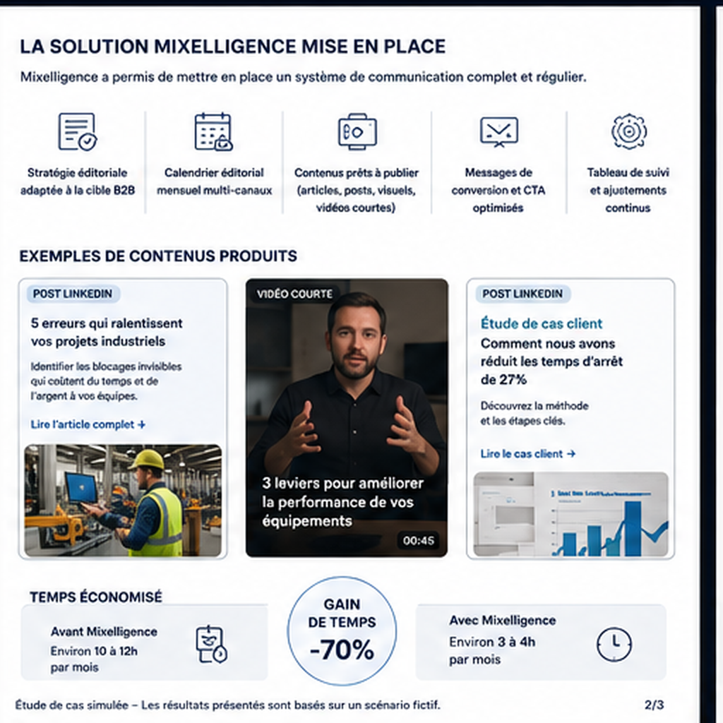 Organisation de la solution Mixelligence et exemples de livrables pour la PME B2B