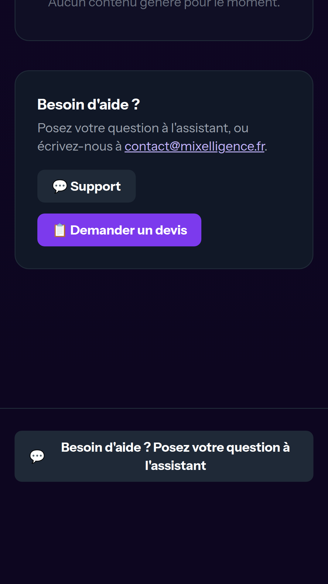 Pied de page de l'espace client sur téléphone : le bloc « Besoin d'aide ? » avec les boutons « 💬 Support » et « 📋 Demander un devis », et, sous le trait de séparation, le lien pleine largeur « 💬 Besoin d'aide ? Posez votre question à l'assistant ».